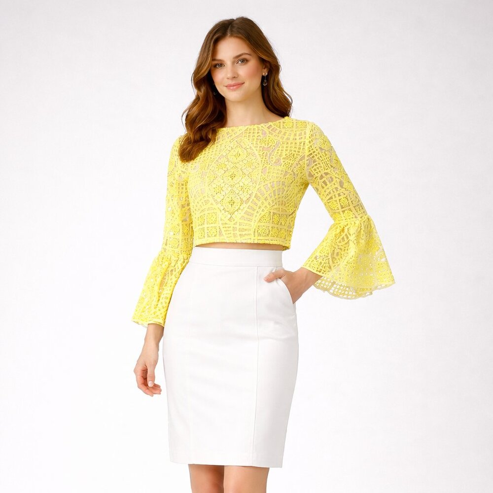 Alexis Lace Blouse / Cropped / Bell-Sleeve /Sheer / Geometric